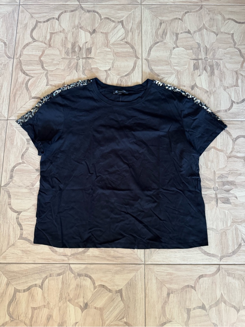 INC Sequin Shoulder Accent Black Short Sleeve Tee Top | XL NWT